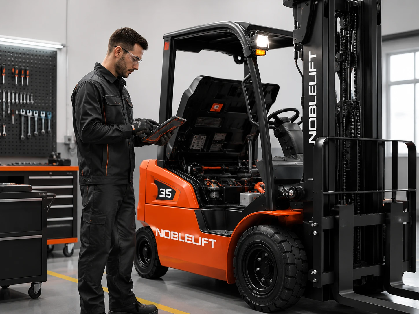 Technician checking Noblelift electric forklift battery system